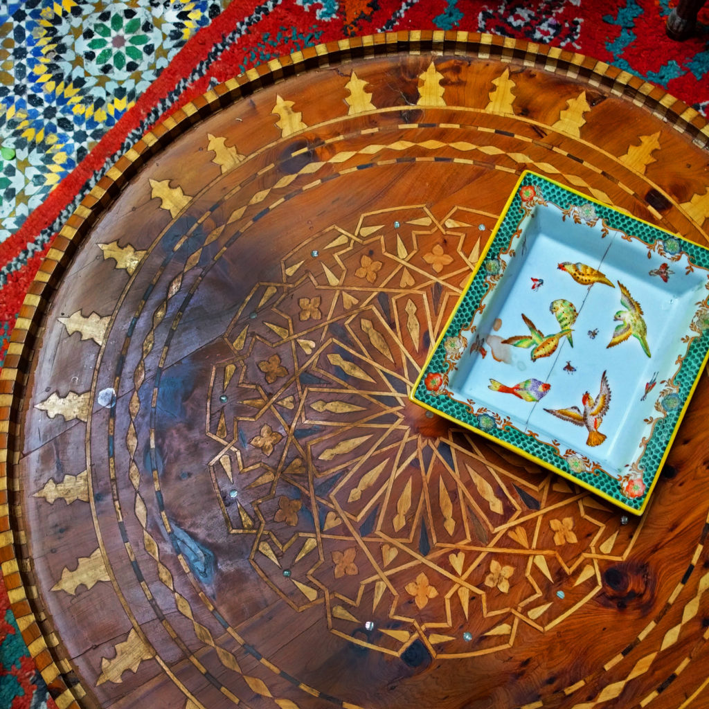 Bird ashtray and coffee table at Riad Al Bartal, Fes