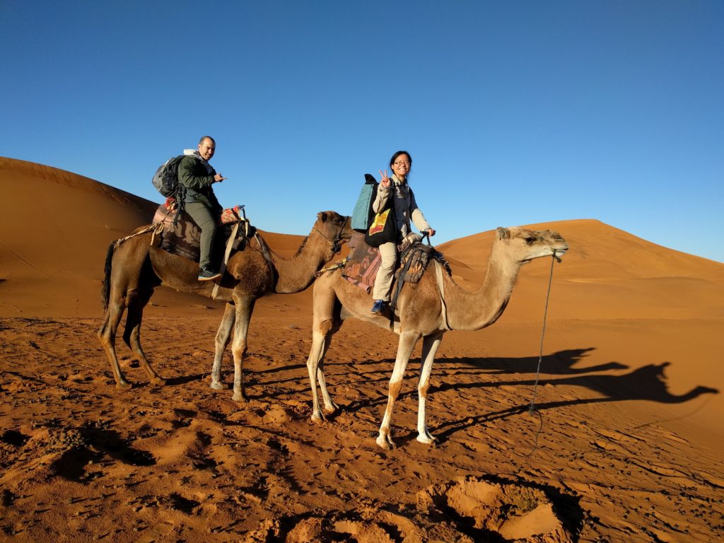 Our camels were named Jimi (Hendrix) and Bob (Marley). They made funny snorts and enjoyed being petted on the nose. Me: Is that camel poop on the ground? Berber guide: Camel chocolat! If you smoke it, you will go flying for 3 days!